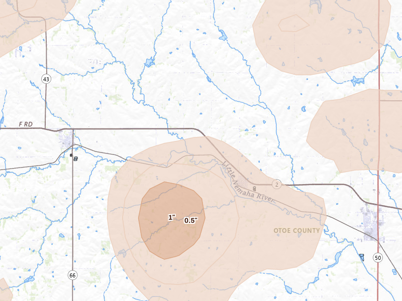 Radar-estimated hail-size map of the storm over Unadilla, NE on Jun 5, 2026
