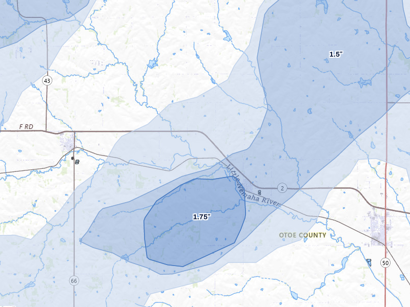 NEXRAD radar-signature map of the hail storm over Unadilla, NE on Jun 5, 2026