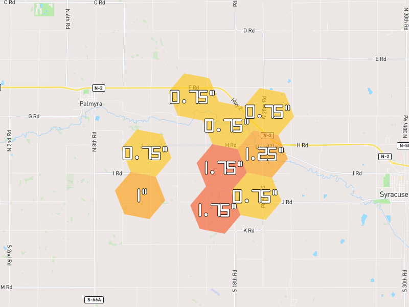 Hail map of Unadilla, NE on Jun 6, 2026, hail up to 1.75"
