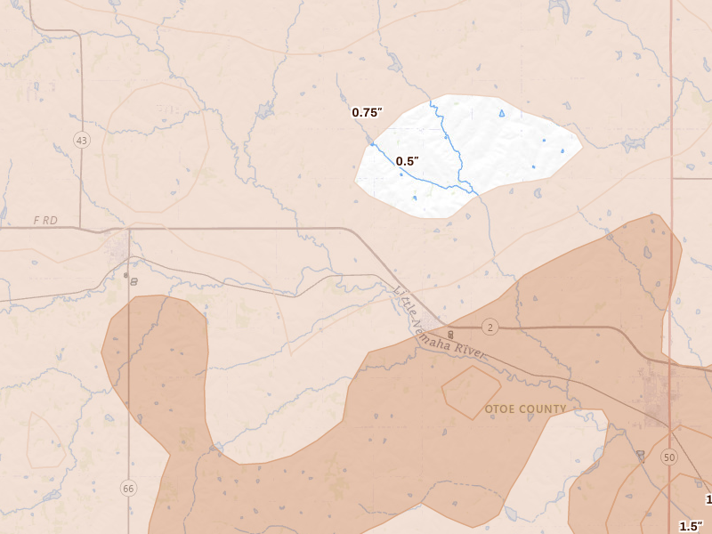 Radar-estimated hail-size map of the storm over Unadilla, NE on Jun 10, 2026