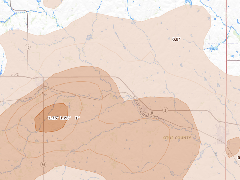 Radar-estimated hail-size map of the storm over Unadilla, NE on Jul 3, 2026