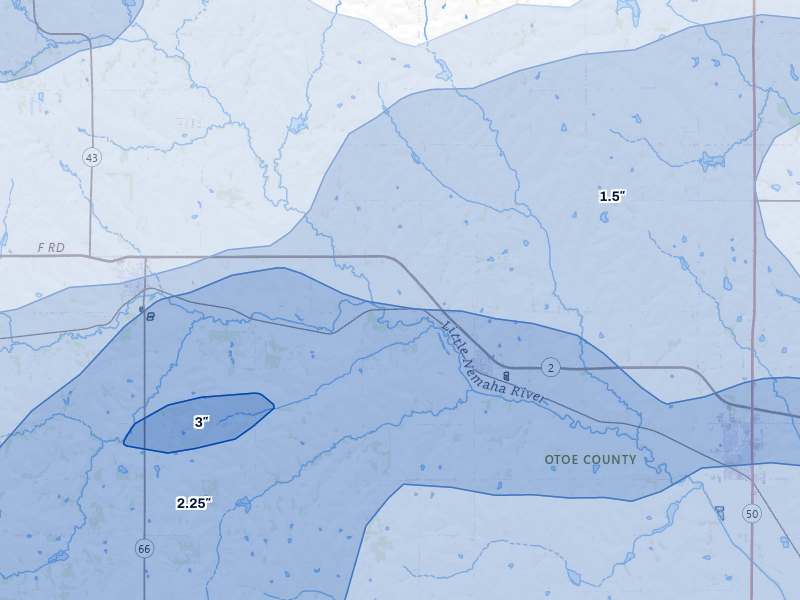 NEXRAD radar-signature map of the hail storm over Unadilla, NE on Jul 3, 2026