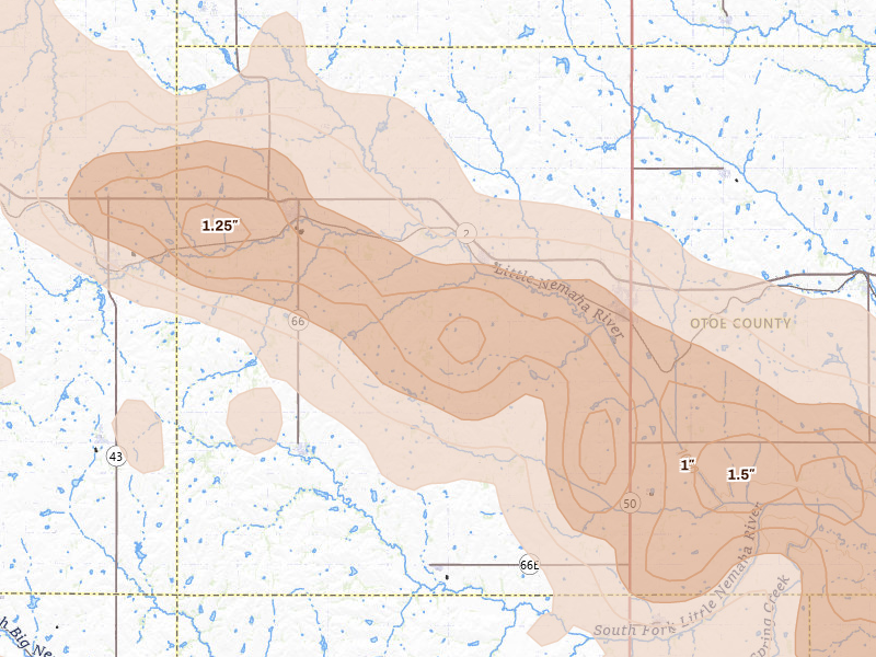 Radar-estimated hail-size map of the storm over Unadilla, NE on Aug 19, 2026