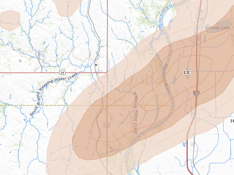 Radar-estimated hail-size map of the storm over Union, NE on May 15, 2026