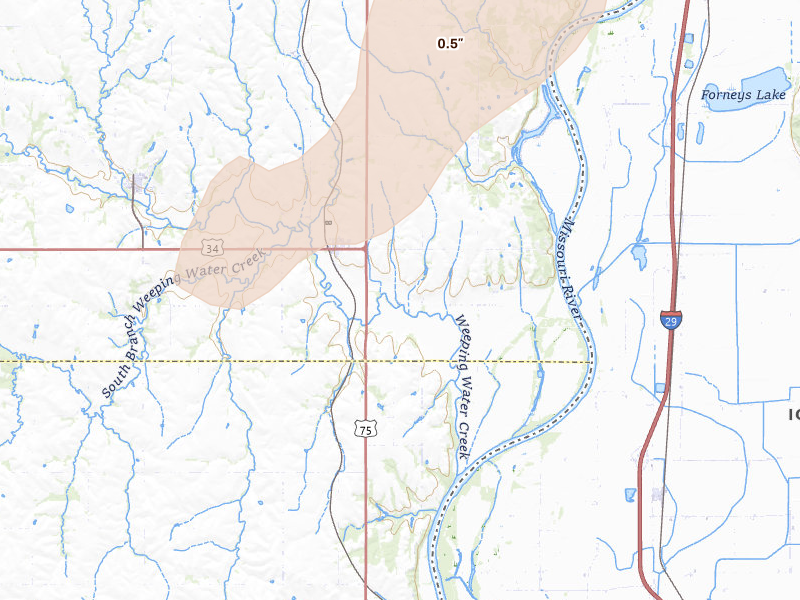 Radar-estimated hail-size map of the storm over Union, NE on May 18, 2026