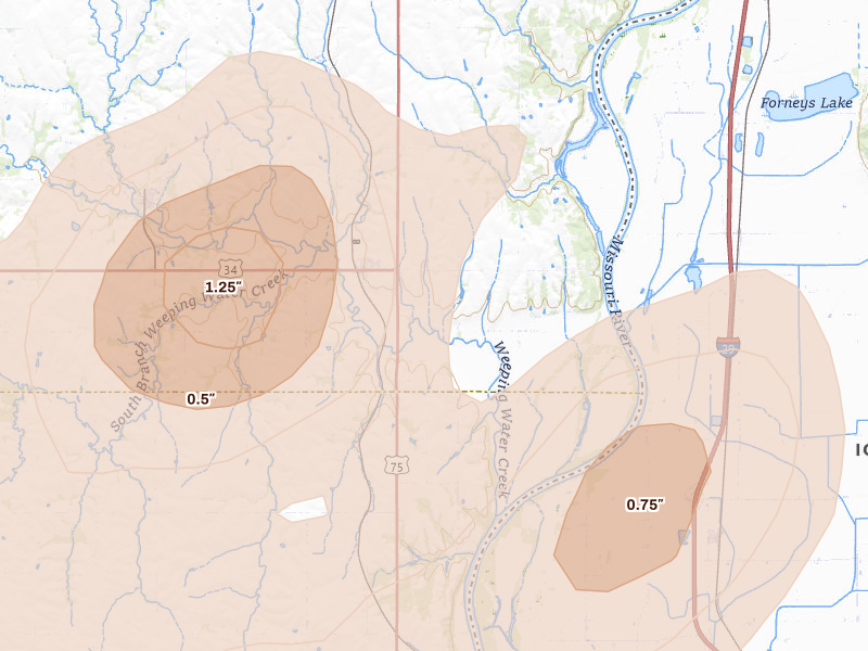 Radar-estimated hail-size map of the storm over Union, NE on Jun 5, 2026