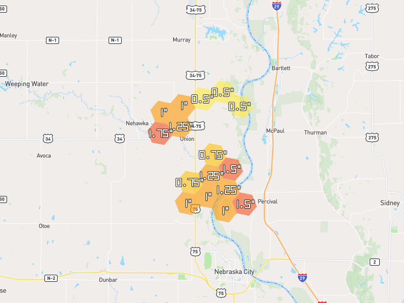 Hail map of Union, NE on Jun 6, 2026, hail up to 1.75"