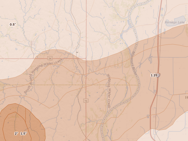 Radar-estimated hail-size map of the storm over Union, NE on Jun 10, 2026