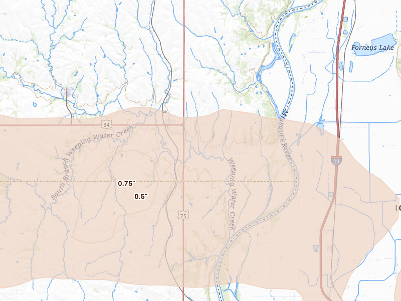 Radar-estimated hail-size map of the storm over Union, NE on Jul 8, 2026