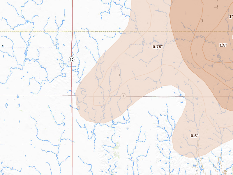 Radar-estimated hail-size map of the storm over Upland, NE on May 16, 2026
