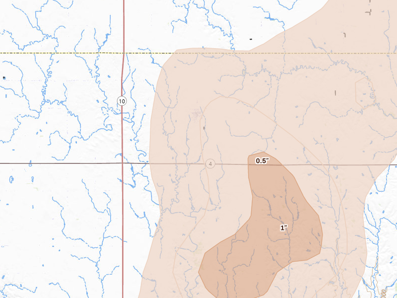 Radar-estimated hail-size map of the storm over Upland, NE on May 30, 2026