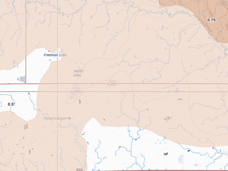 Radar-estimated hail-size map of the storm over Utica, NE on Apr 25, 2026