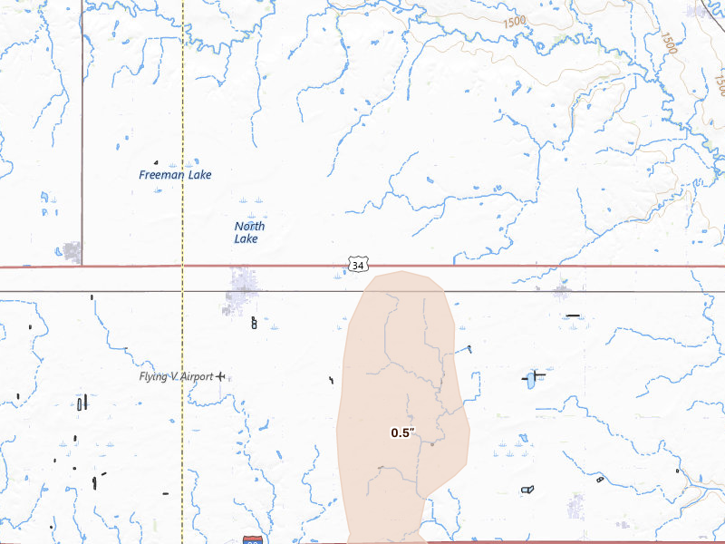 Radar-estimated hail-size map of the storm over Utica, NE on May 16, 2026