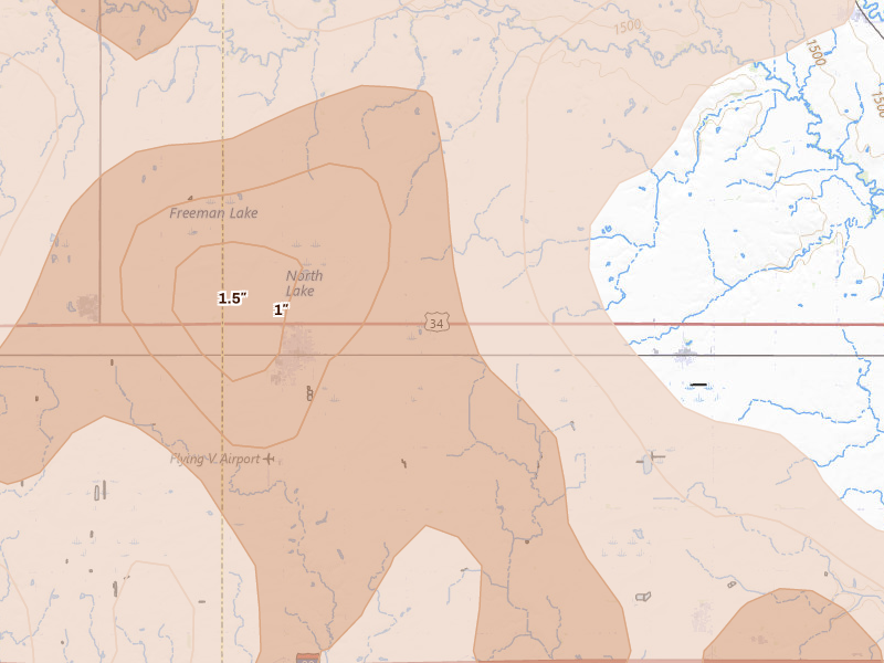 Radar-estimated hail-size map of the storm over Utica, NE on Jun 5, 2026