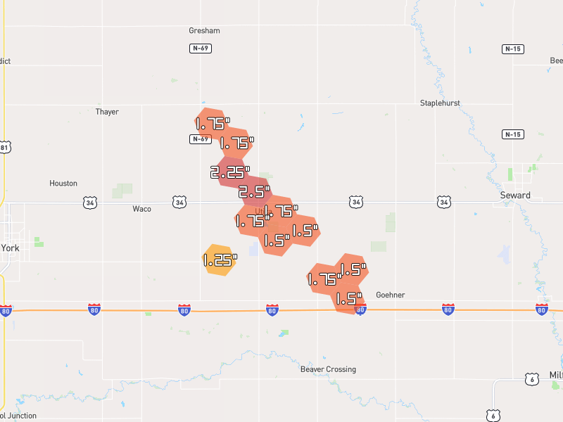 Hail map of Utica, NE on Jun 6, 2026, hail up to 2.5"