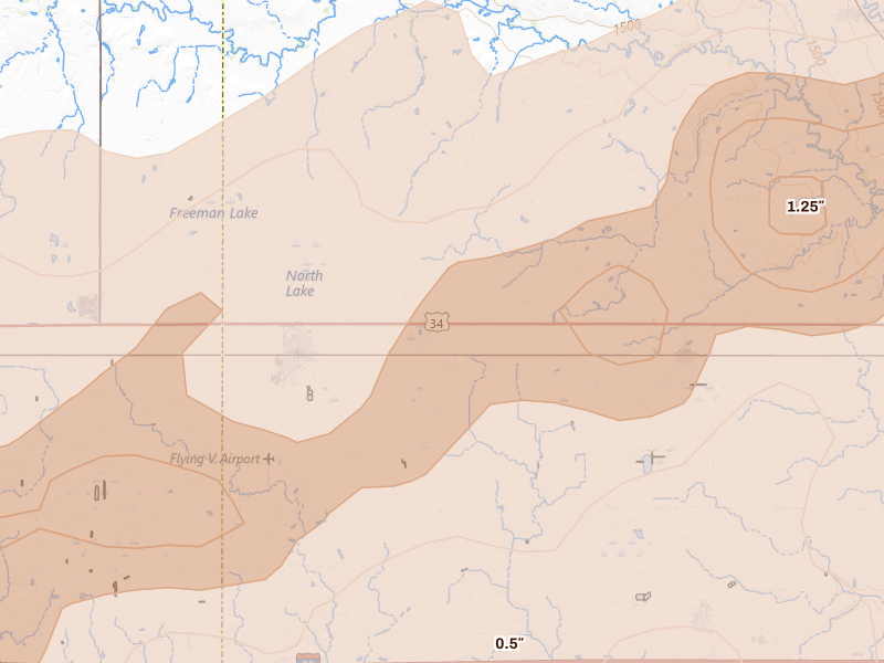 Radar-estimated hail-size map of the storm over Utica, NE on Jun 10, 2026