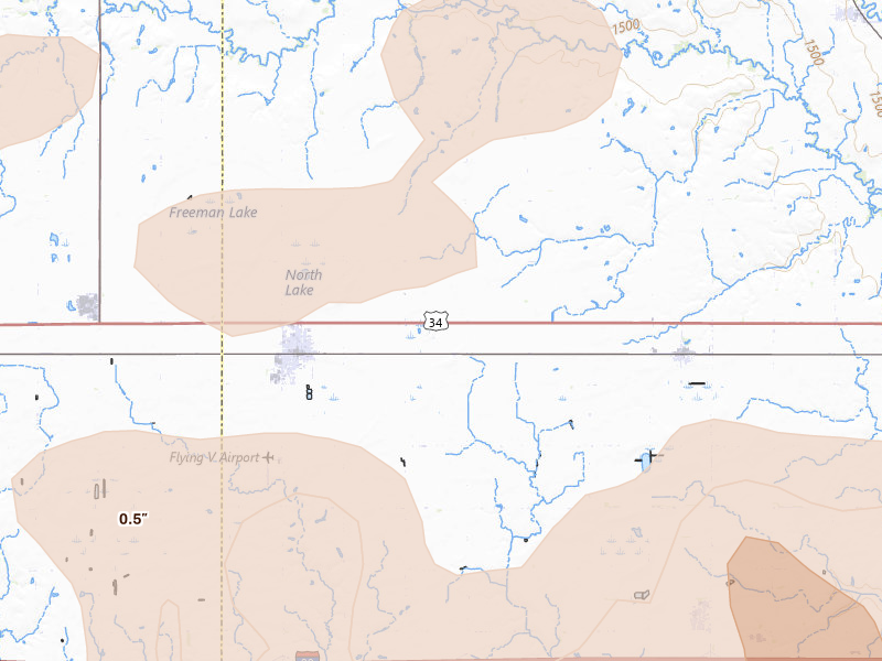 Radar-estimated hail-size map of the storm over Utica, NE on Jul 3, 2026