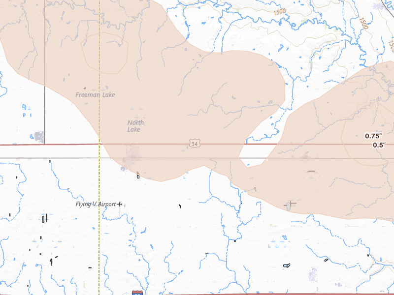 Radar-estimated hail-size map of the storm over Utica, NE on Jul 8, 2026