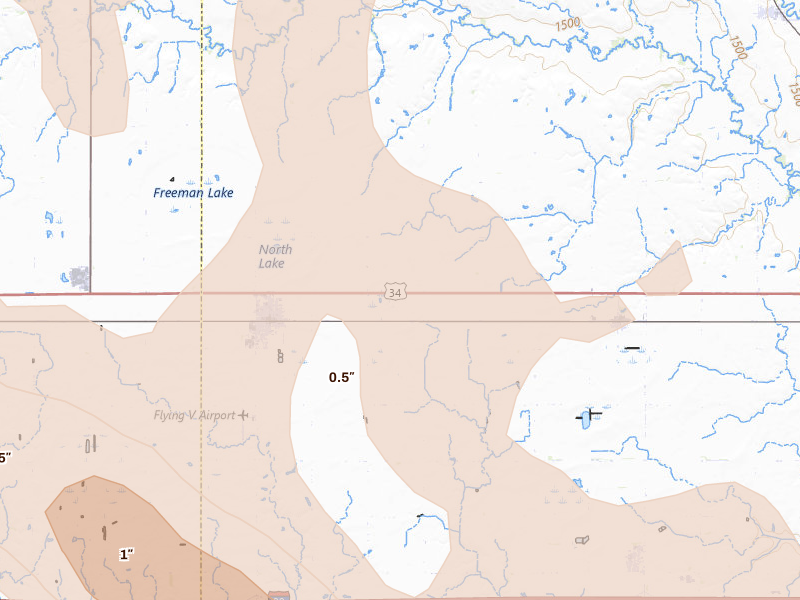 Radar-estimated hail-size map of the storm over Utica, NE on Aug 17, 2026