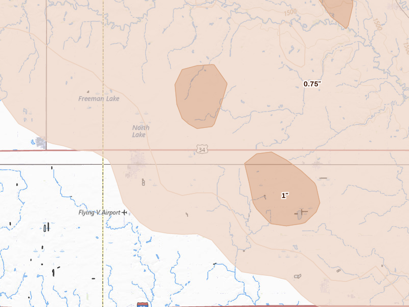 Radar-estimated hail-size map of the storm over Utica, NE on Aug 19, 2026