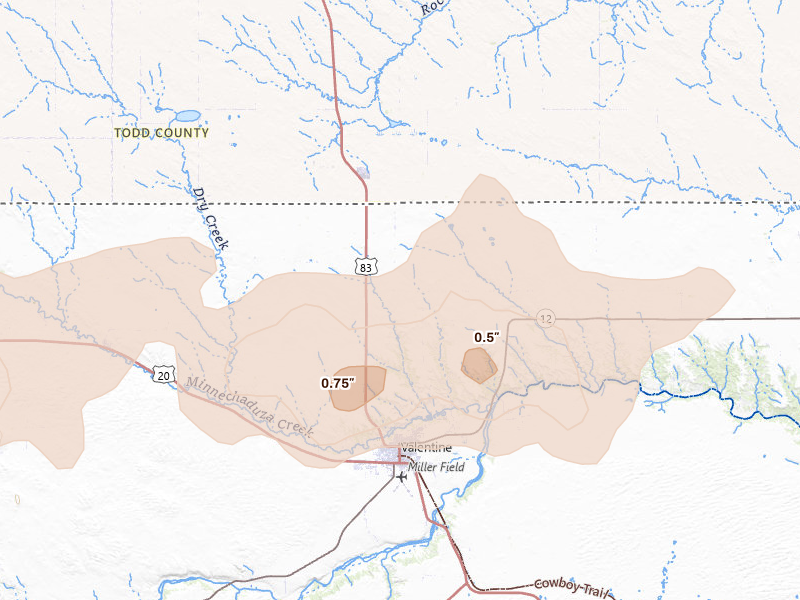 Radar-estimated hail-size map of the storm over Valentine, NE on Jun 4, 2026