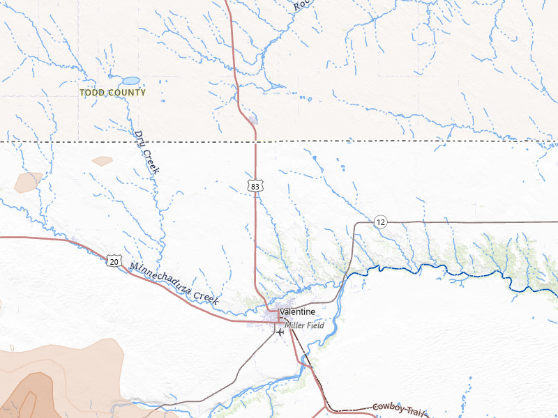 Radar-estimated hail-size map of the storm over Valentine, NE on Jun 20, 2026