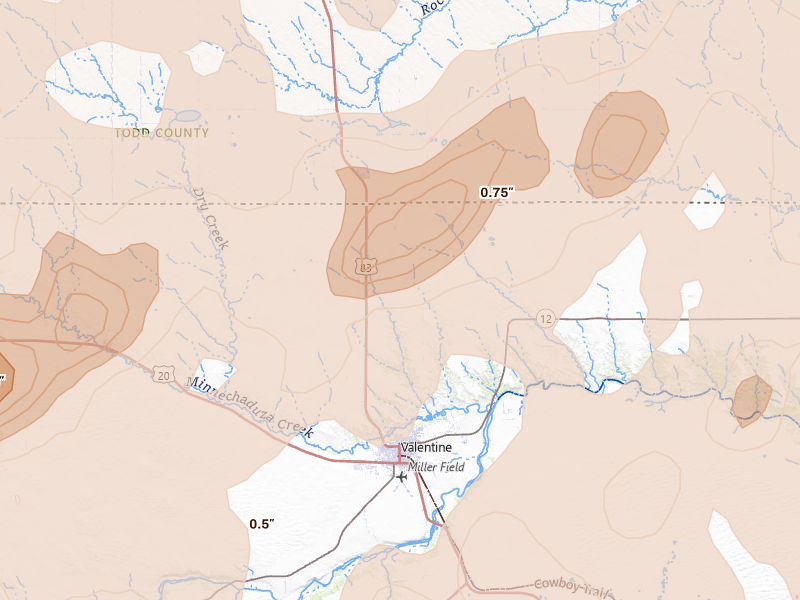 Radar-estimated hail-size map of the storm over Valentine, NE on Jun 27, 2026