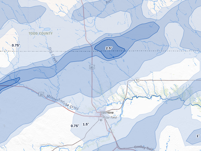 NEXRAD radar-signature map of the hail storm over Valentine, NE on Jun 27, 2026