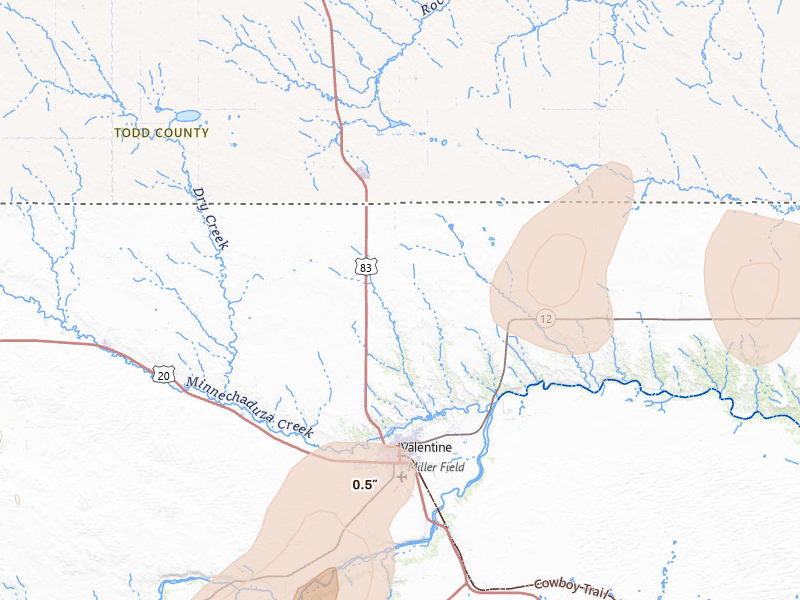 Radar-estimated hail-size map of the storm over Valentine, NE on Jun 30, 2026