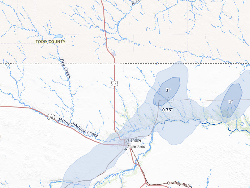 NEXRAD radar-signature map of the hail storm over Valentine, NE on Jun 30, 2026