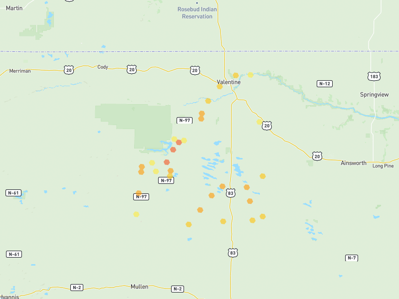 Hail map of Valentine, NE on Jul 1, 2026, hail up to 1.5"