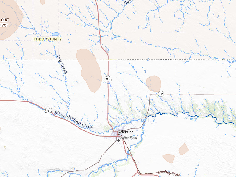 Radar-estimated hail-size map of the storm over Valentine, NE on Jul 29, 2026