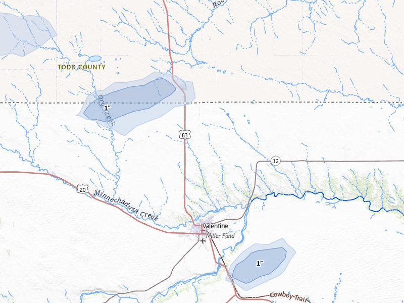 NEXRAD radar-signature map of the hail storm over Valentine, NE on Jul 29, 2026