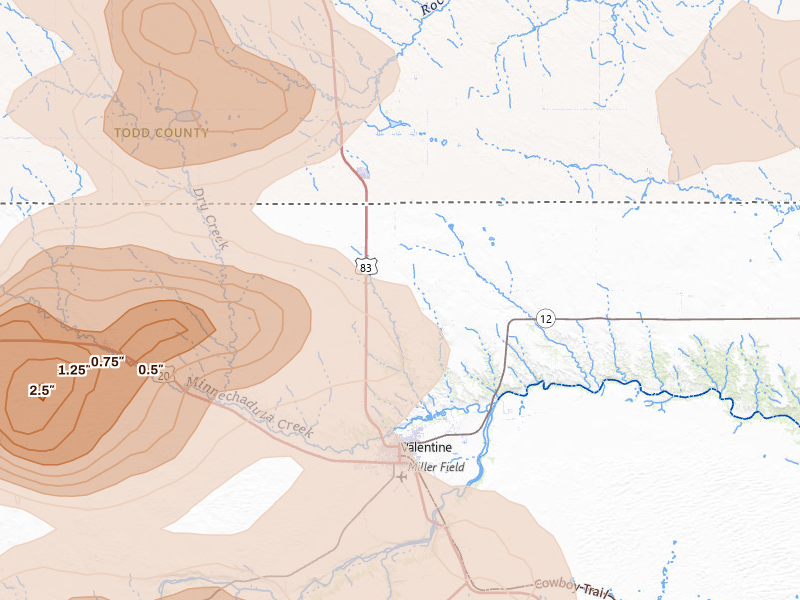 Radar-estimated hail-size map of the storm over Valentine, NE on Jul 30, 2026