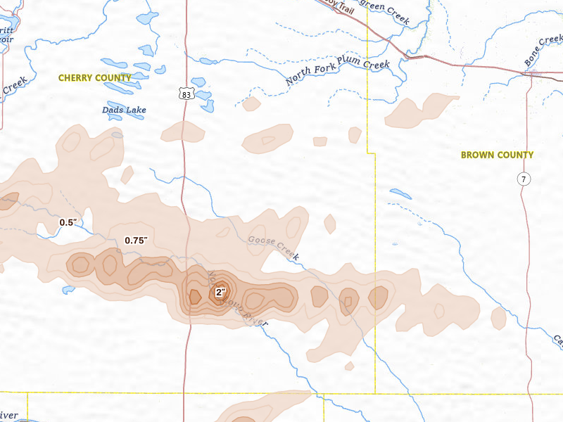 Radar-estimated hail-size map of the storm over Valentine, NE on Aug 3, 2026