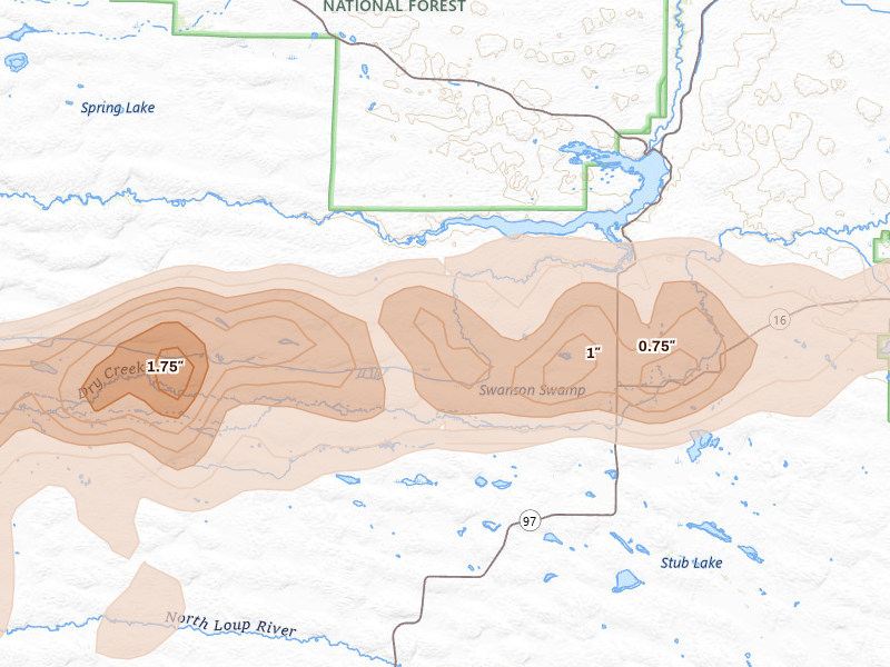 Radar-estimated hail-size map of the storm over Valentine, NE on Aug 10, 2026