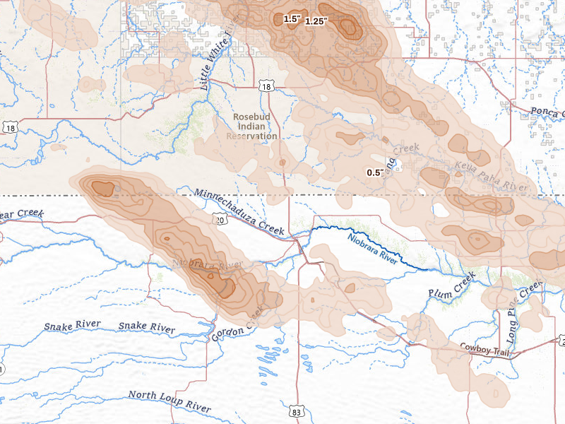 Radar-estimated hail-size map of the storm over Valentine, NE on Aug 11, 2026