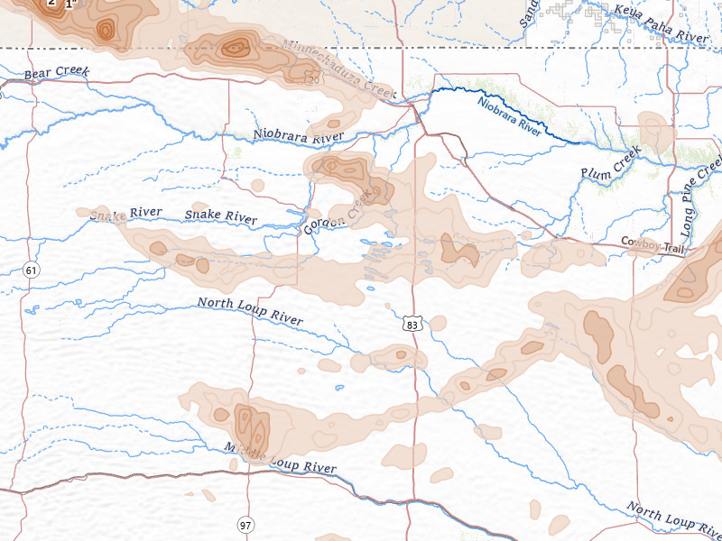Radar-estimated hail-size map of the storm over Valentine, NE on Aug 17, 2026