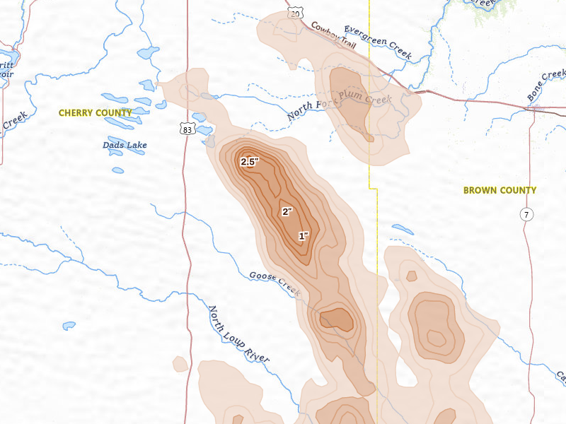 Radar-estimated hail-size map of the storm over Valentine, NE on Aug 20, 2026