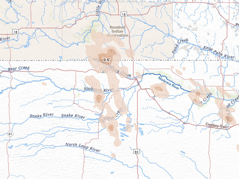 Radar-estimated hail-size map of the storm over Valentine, NE on Aug 21, 2026