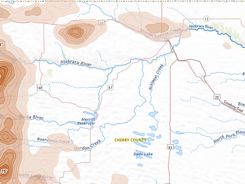 Radar-estimated hail-size map of the storm over Valentine, NE on Aug 27, 2026