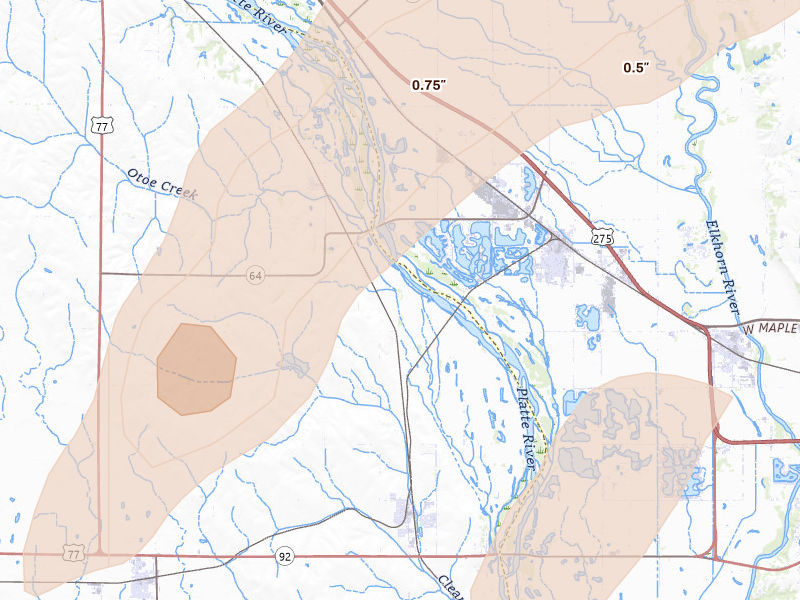 Radar-estimated hail-size map of the storm over Valley, NE on Apr 23, 2026