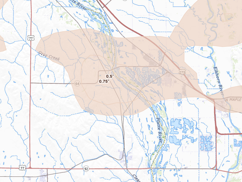 Radar-estimated hail-size map of the storm over Valley, NE on May 15, 2026