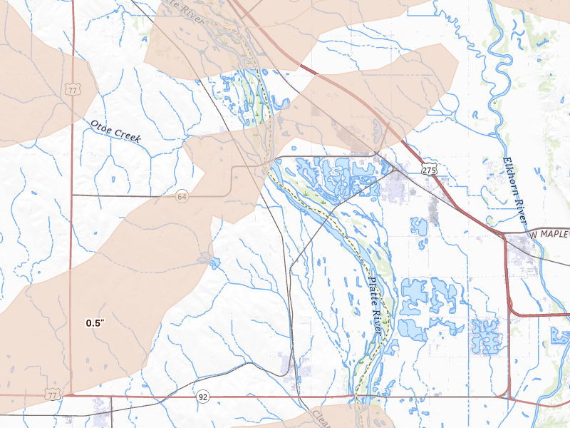 Radar-estimated hail-size map of the storm over Valley, NE on Jul 3, 2026