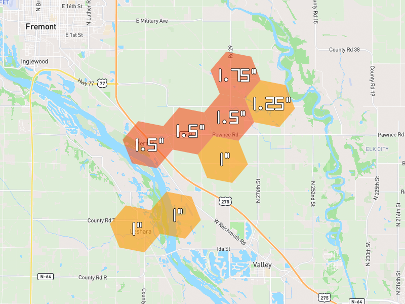 Hail map of Valley, NE on Jul 3, 2026, hail up to 1.75"