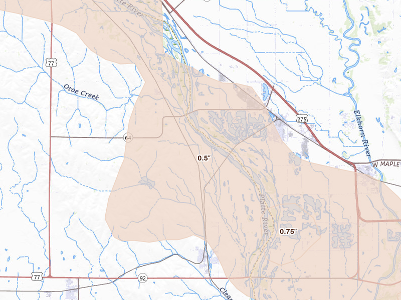 Radar-estimated hail-size map of the storm over Valley, NE on Jul 8, 2026