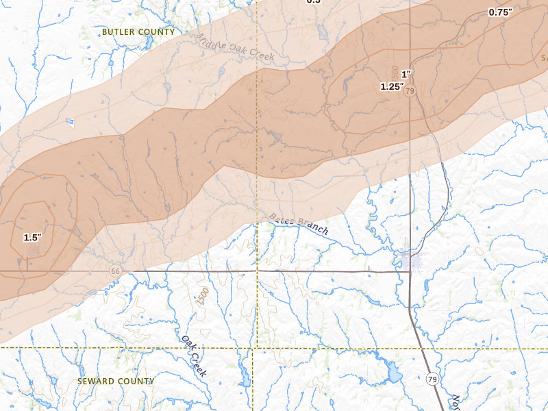 Radar-estimated hail-size map of the storm over Valparaiso, NE