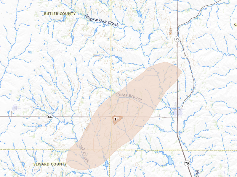 Radar-estimated hail-size map of the storm over Valparaiso, NE on Apr 23, 2026