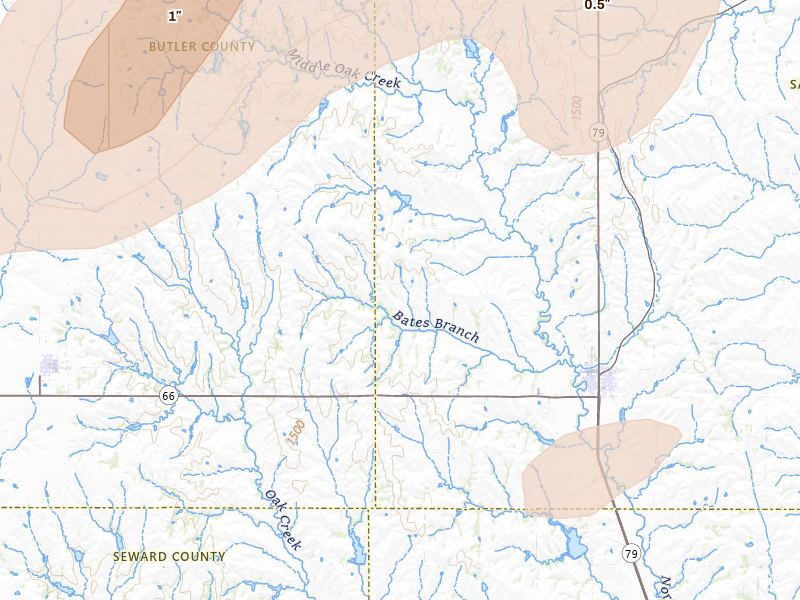 Radar-estimated hail-size map of the storm over Valparaiso, NE on May 16, 2026