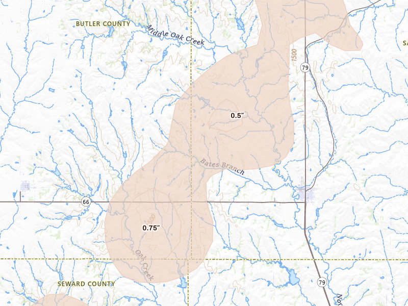 Radar-estimated hail-size map of the storm over Valparaiso, NE on May 17, 2026